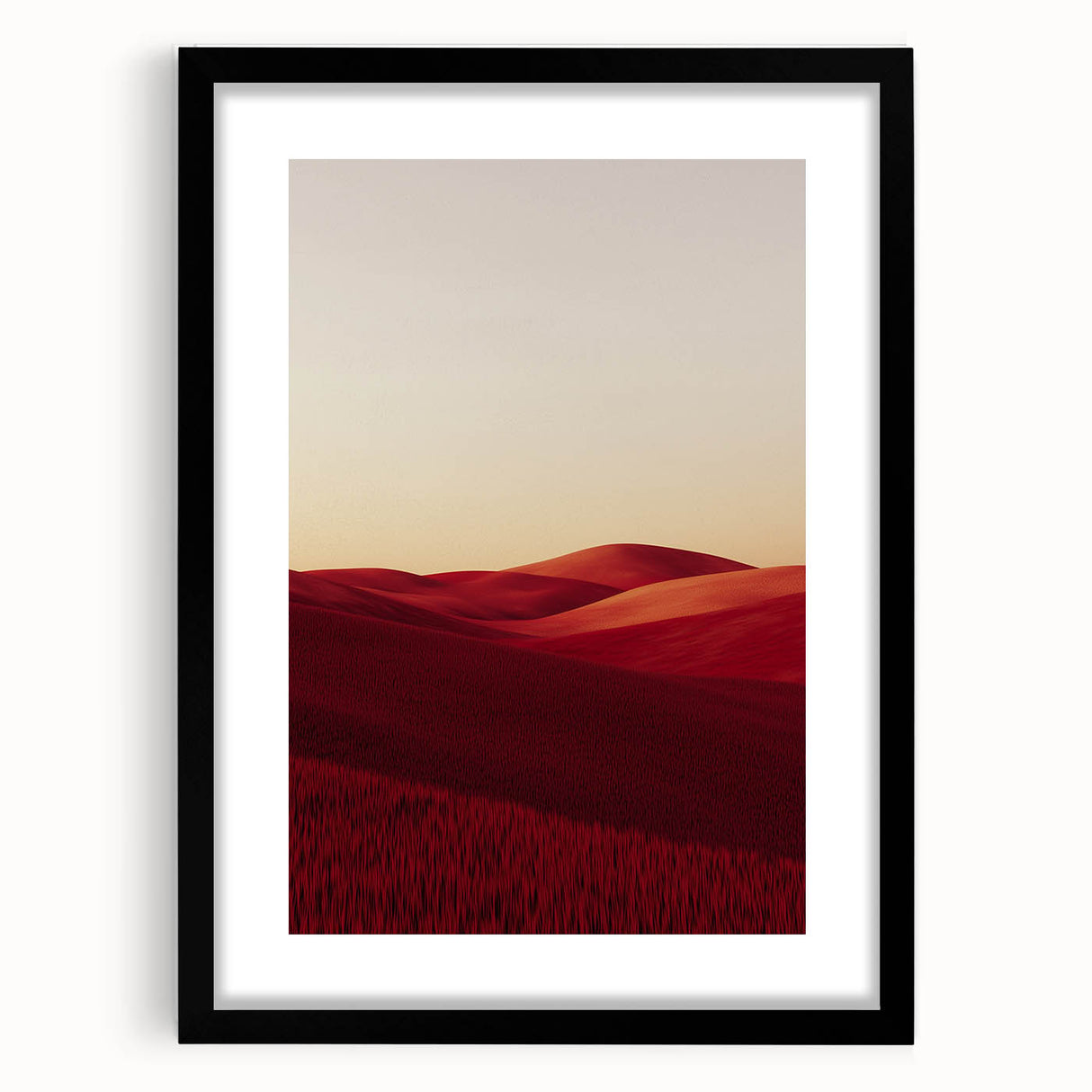 Framed landscape art print showcasing vibrant green fields under a clear blue sky, featuring a sleek black mat and frame, perfect for home decor.