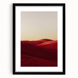 Framed landscape art print showcasing vibrant green fields under a clear blue sky, featuring a sleek black mat and frame, perfect for home decor.
