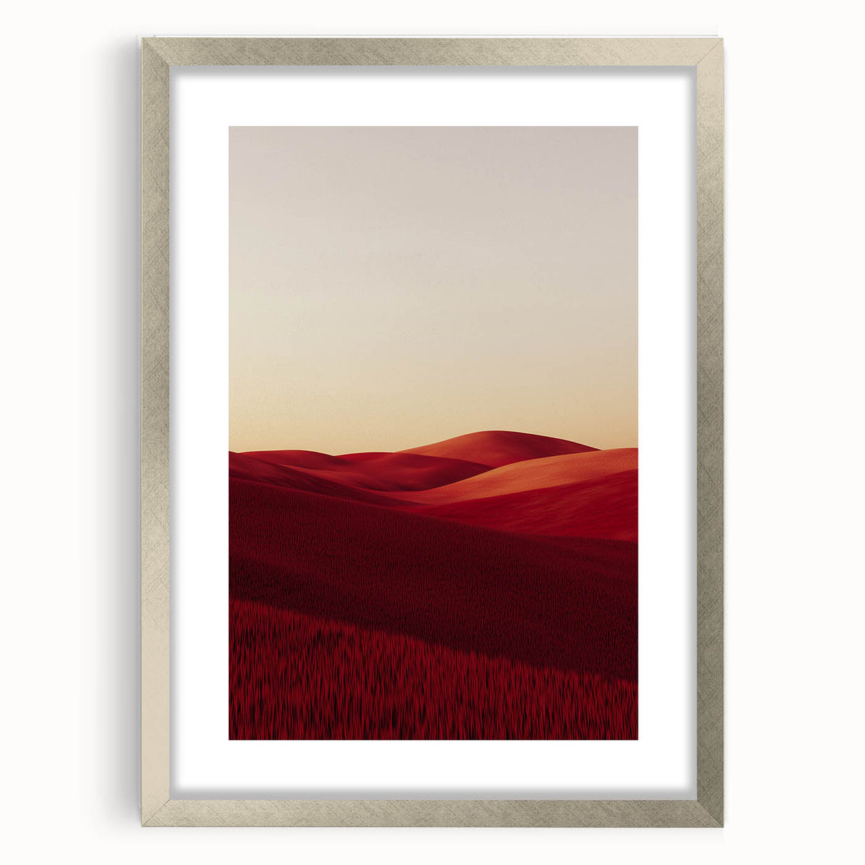 Elegant silver-framed landscape artwork with a mat, showcasing vibrant fields under a bright sky, perfect for home decor or gallery display.