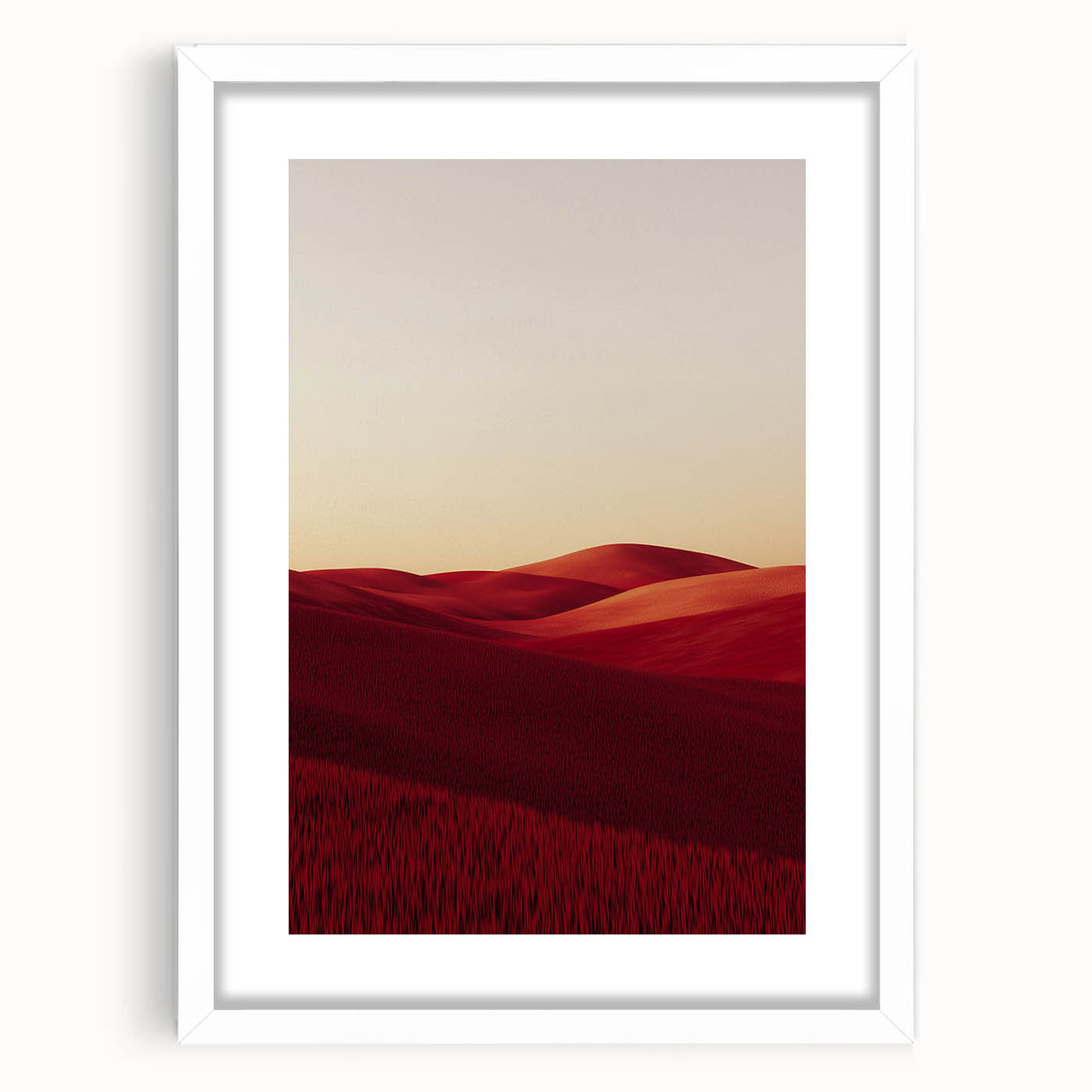 Framed landscape art print featuring vibrant green fields under a clear blue sky, presented in a white mat and frame, perfect for home decor enhancement.