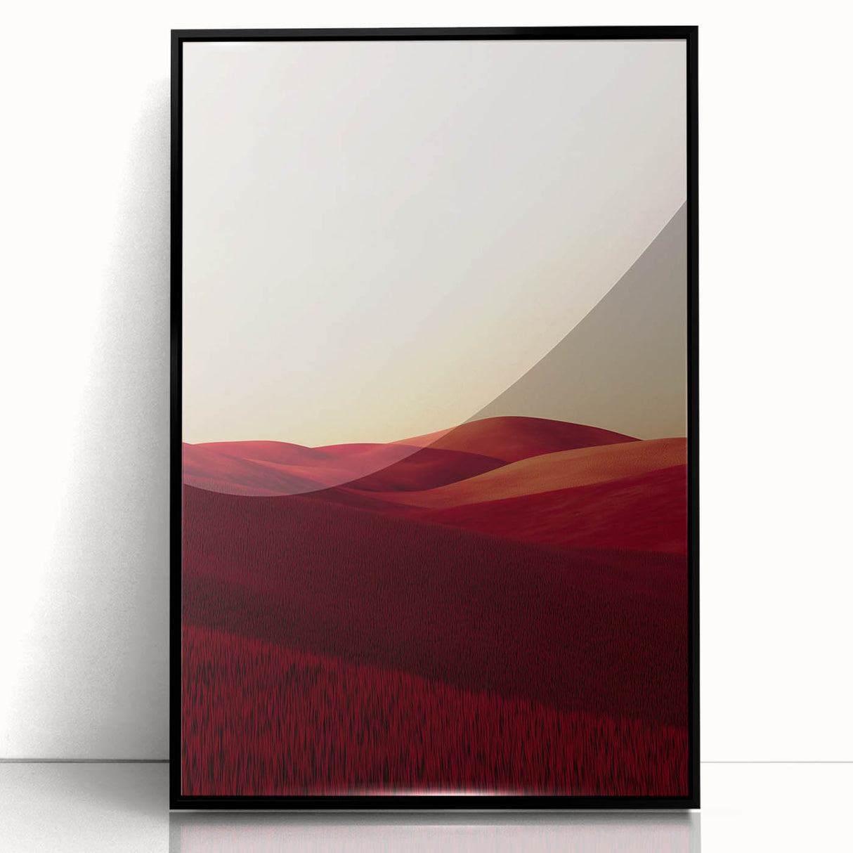 Framed acrylic artwork showcasing serene landscape fields in vibrant colors, set in a sleek black frame, perfect for enhancing modern home decor. Ideal for nature lovers seeking tranquility in their living spaces.