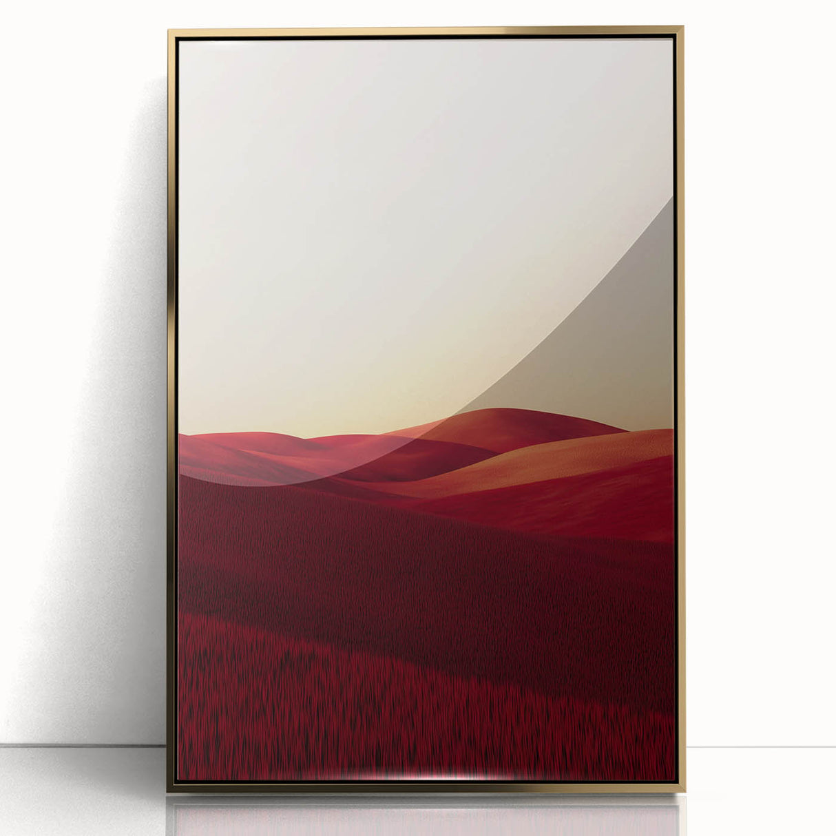 Framed acrylic artwork titled "Design 55 Landscapes" showcasing vibrant fields in gold tones, ideal for modern home decor and art enthusiasts.