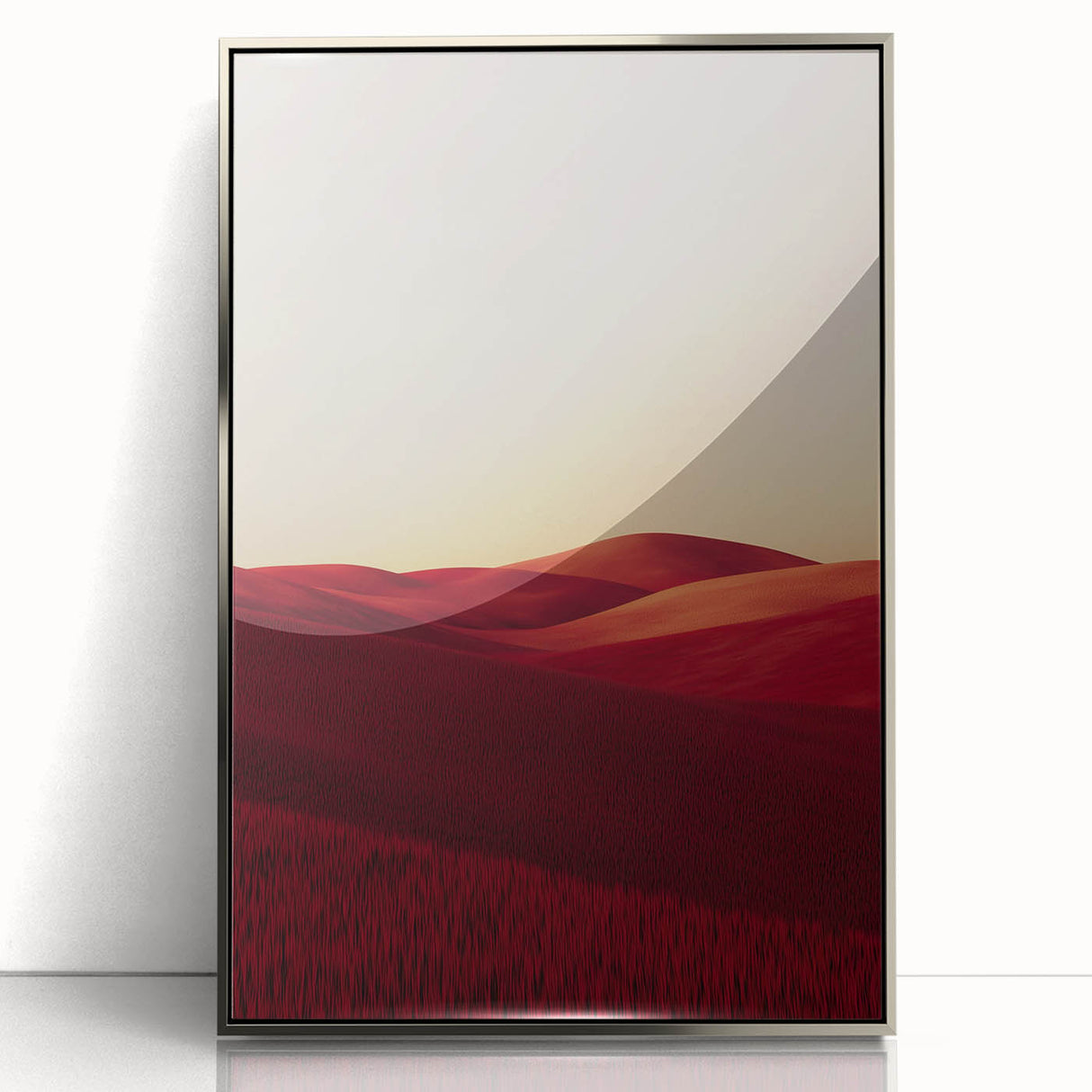 Framed acrylic artwork showcasing vibrant green fields and rolling landscapes, with a sleek silver frame, perfect for modern home decor. Ideal for nature enthusiasts.