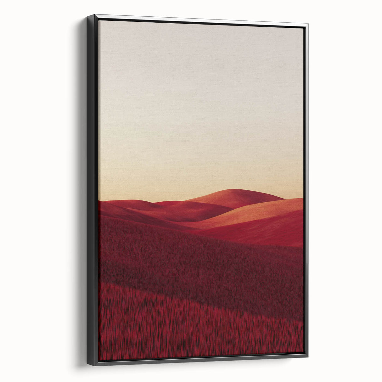 Framed canvas artwork showcasing a vibrant landscape with rolling fields, set in a sleek black frame, ideal for enhancing home decor and adding natural beauty.