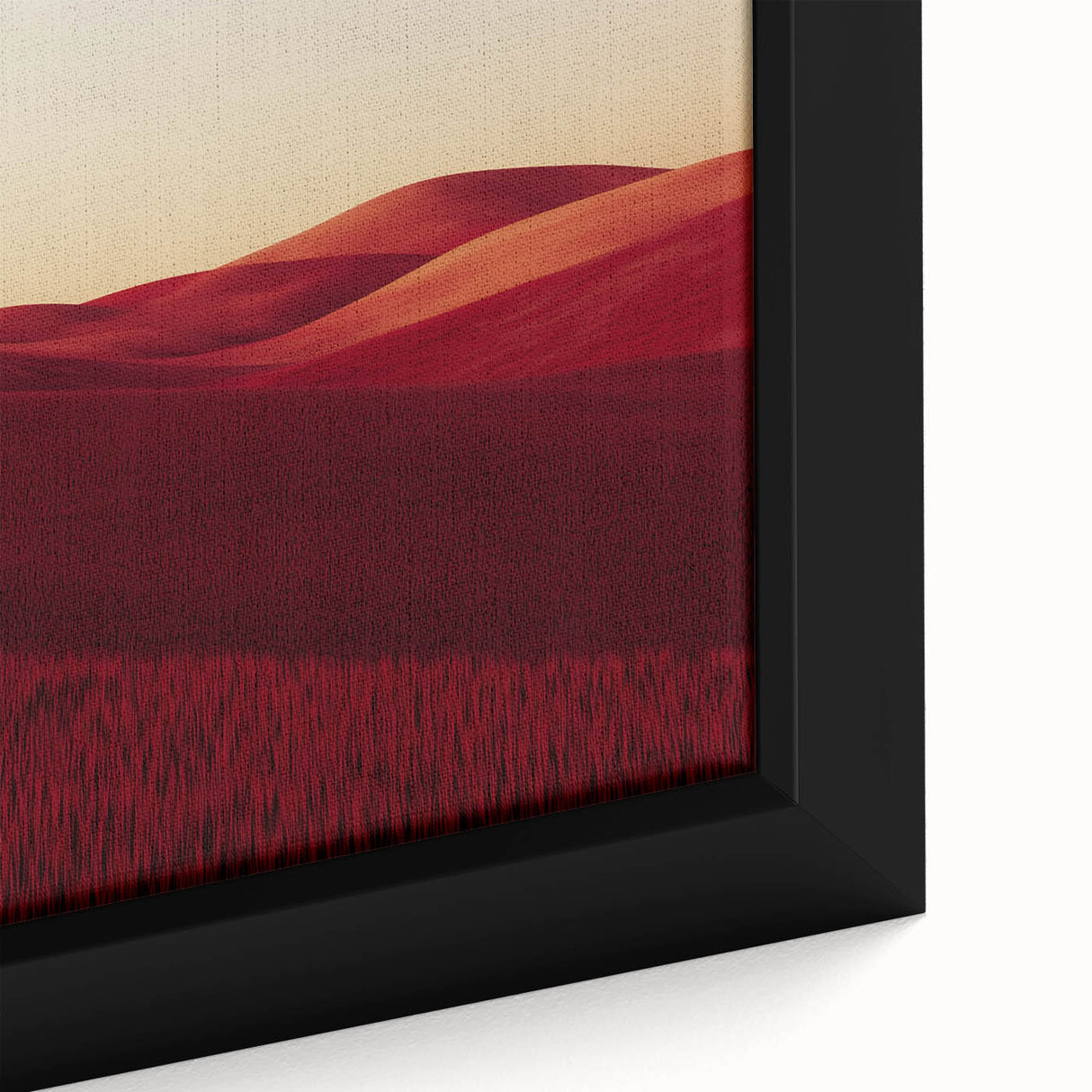 Close-up of a beautifully framed canvas print showcasing vibrant green landscapes with rolling fields under a clear blue sky, ideal for home decor.