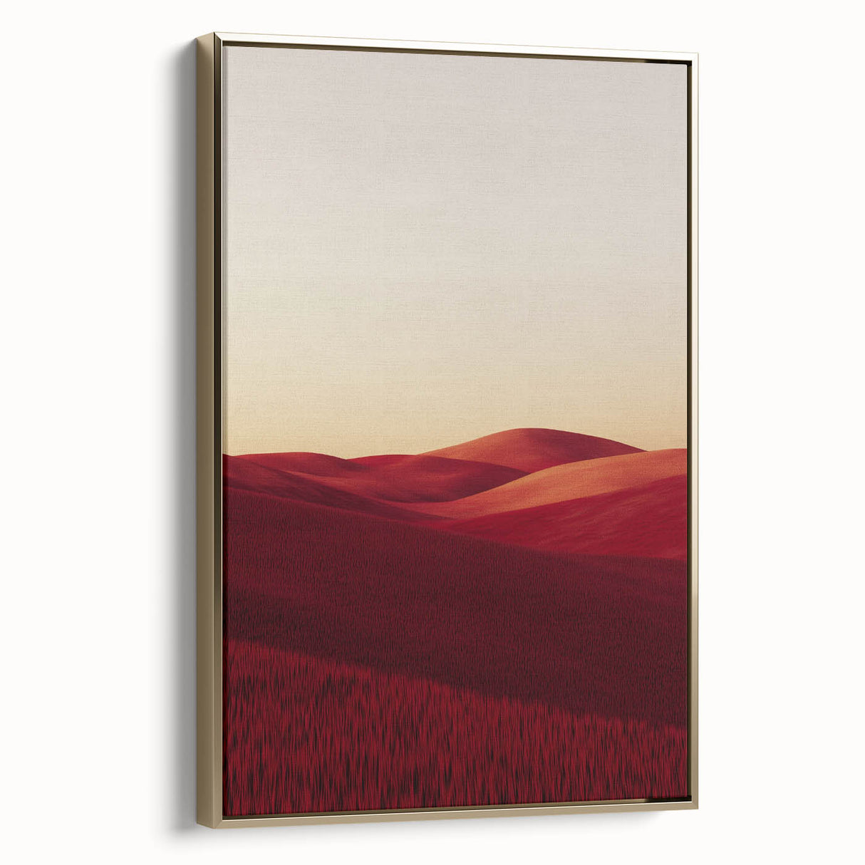 Framed canvas artwork depicting a serene landscape of fields, featuring vibrant greens and golden hues, showcasing its elegant gold frame from a side view. Ideal for home decor.