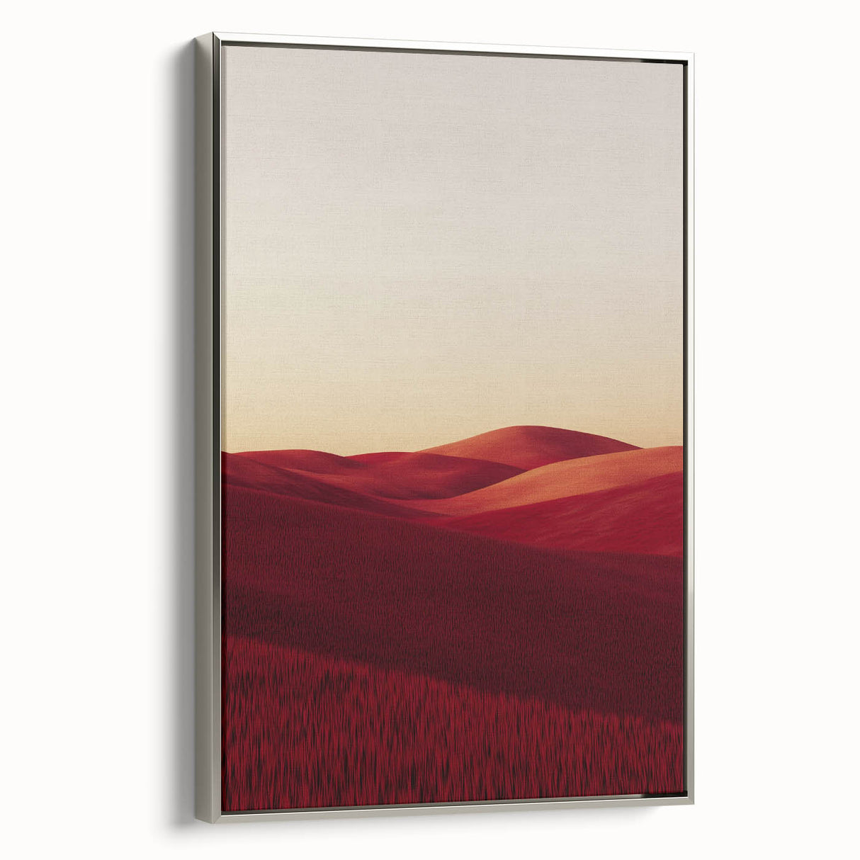 Framed canvas artwork showcasing a serene landscape of lush green fields, accented with a sleek silver frame, ideal for enhancing modern home decor.