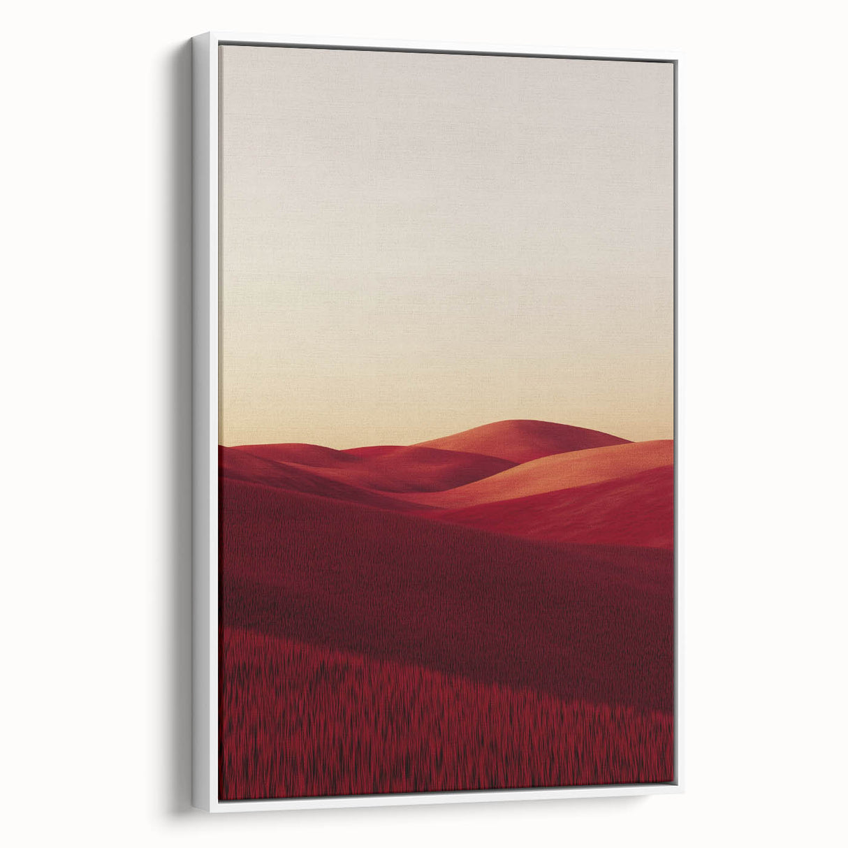 Framed canvas artwork showcasing a serene landscape of rolling fields under a blue sky, featuring vibrant greens and soft earth tones, ideal for home decor.