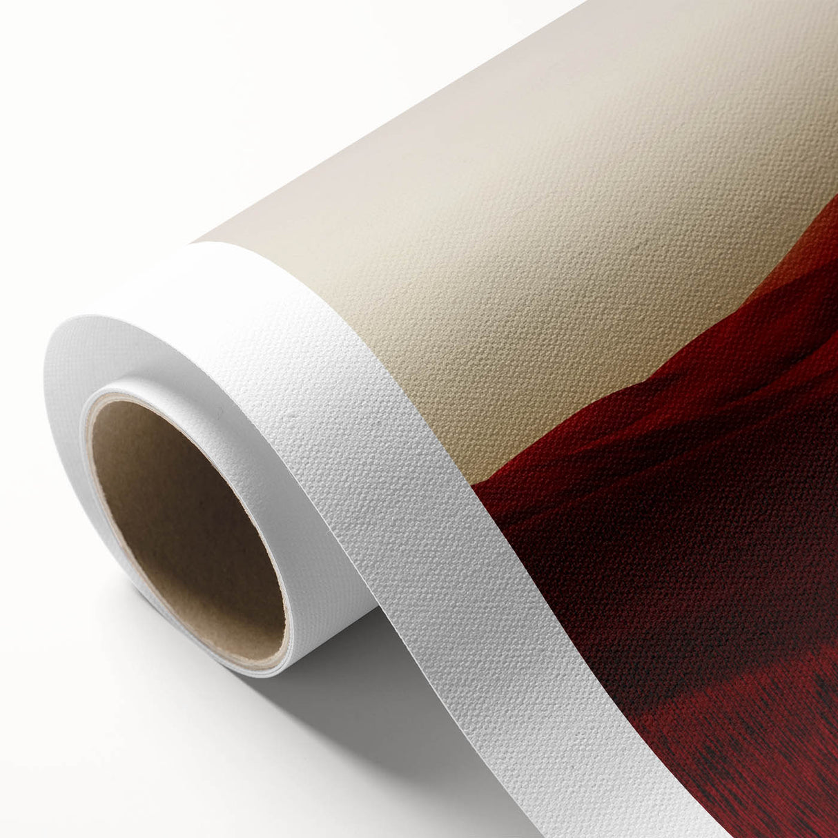 Rolled canvas showcasing vibrant landscape artwork with fields in rich green and golden hues, elegantly packaged in a durable cardboard tube for safe shipping.