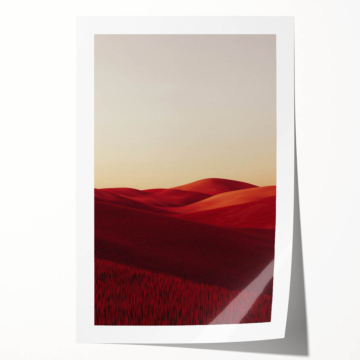 Vibrant rolled print showcasing a serene landscape of golden fields under a blue sky, perfect for home decor. Packaged securely in a protective cardboard tube.