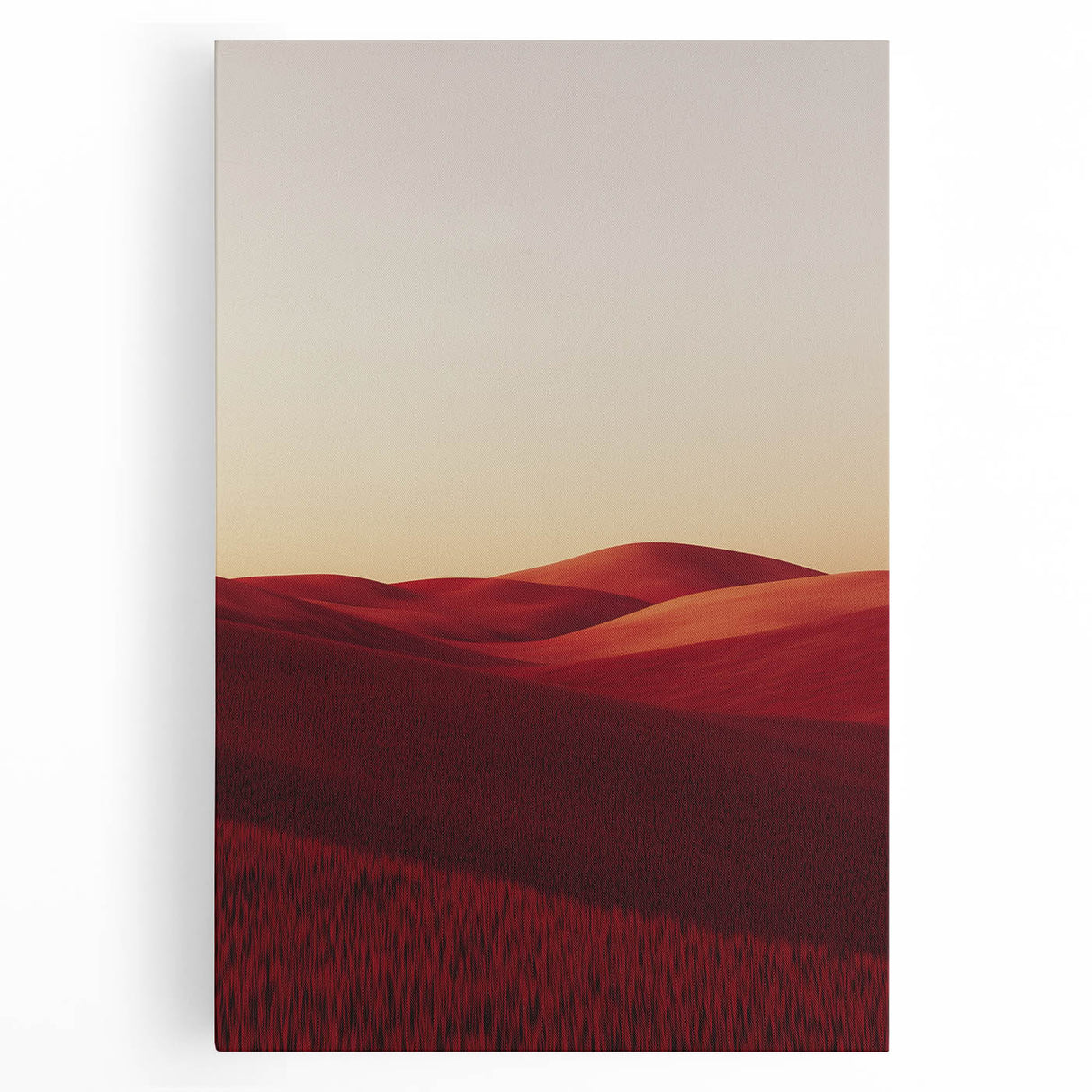 Stretched canvas artwork showcasing a vibrant landscape with rolling green fields under a bright blue sky, ideal for home decor or office ambiance.