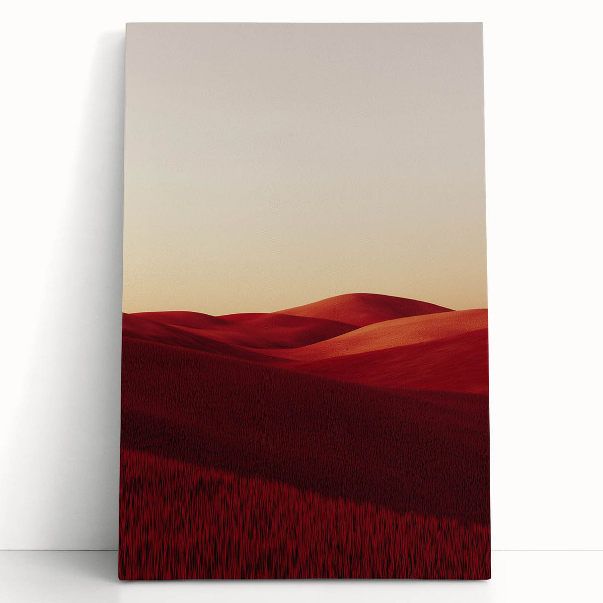 Stretched canvas artwork depicting vibrant green fields under a blue sky, leaning against a wall, perfect for nature-inspired home decor.