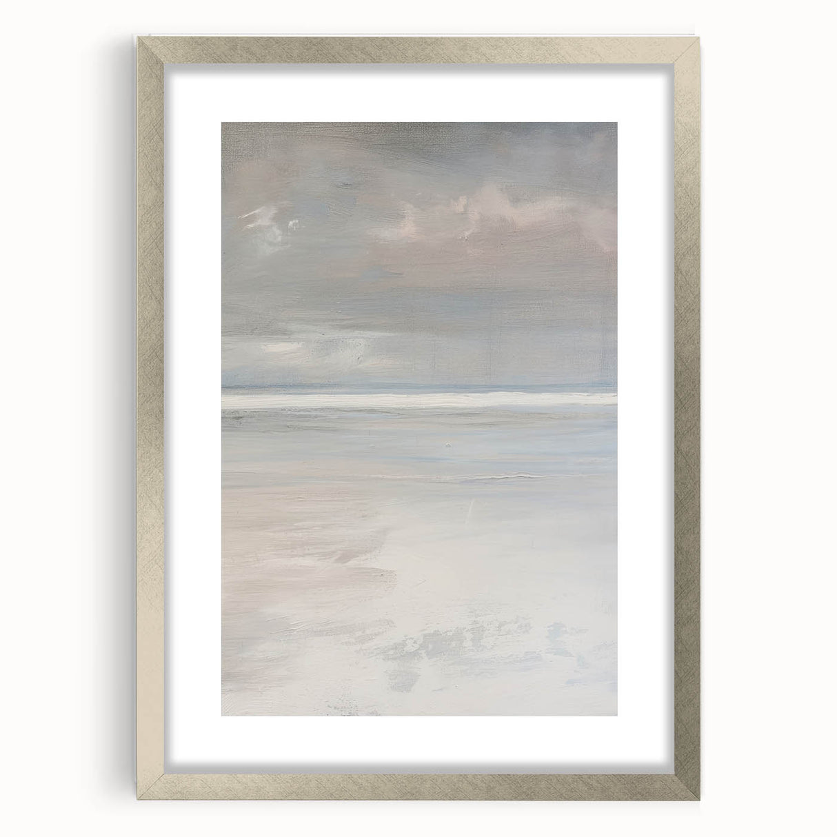 Elegant silver-framed landscape artwork featuring a mat border, showcasing serene natural scenery ideal for home decor, available for purchase online.