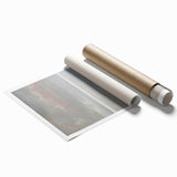 Stunning rolled print of vibrant landscapes showcasing lush green hills and a clear blue sky, elegantly packaged in a protective cardboard tube for easy transport.