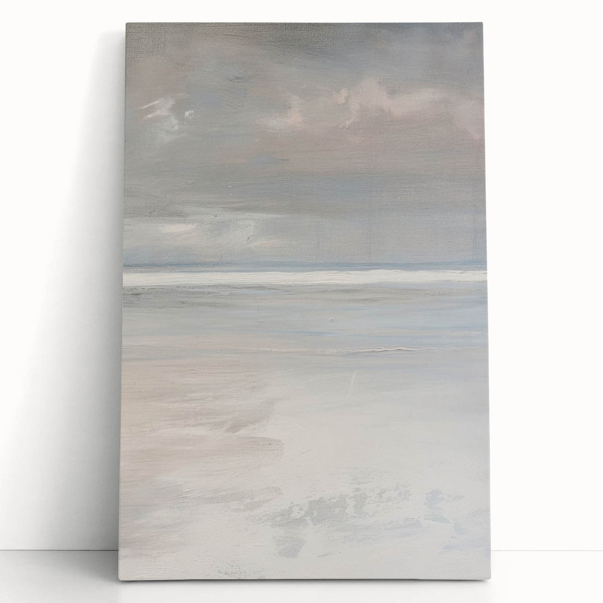 Stretched canvas featuring a vibrant landscape design with rich colors, leaning against a wall, showcasing intricate details and textures ideal for home decor.