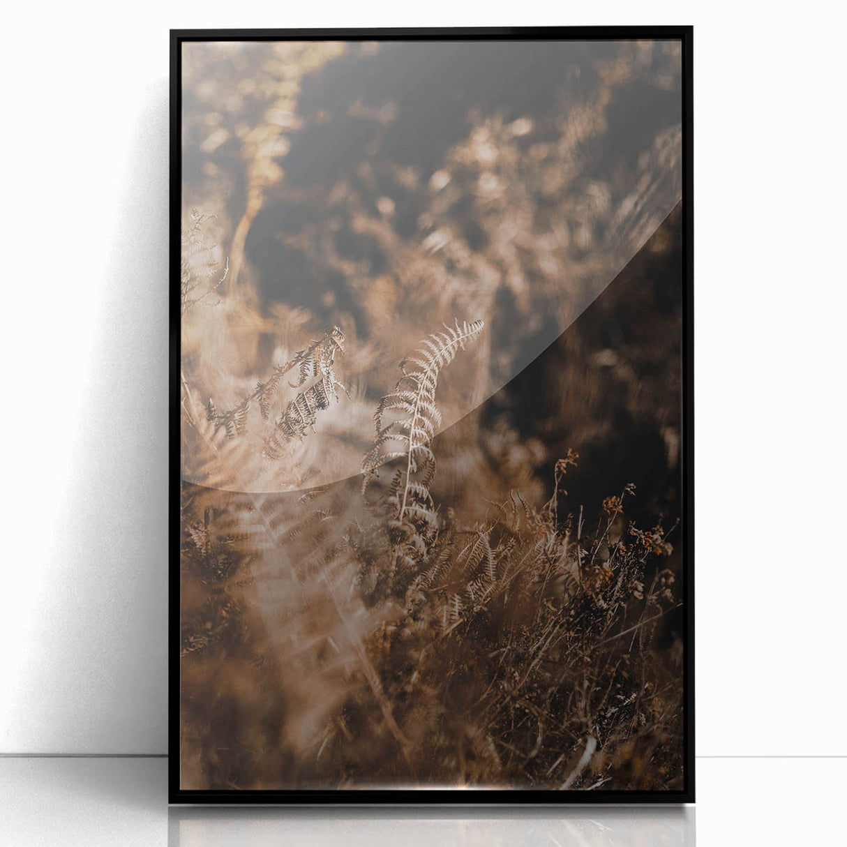 Large abstract wall art depicting fall colors in a mid-century modernist style on a framed acrylic.