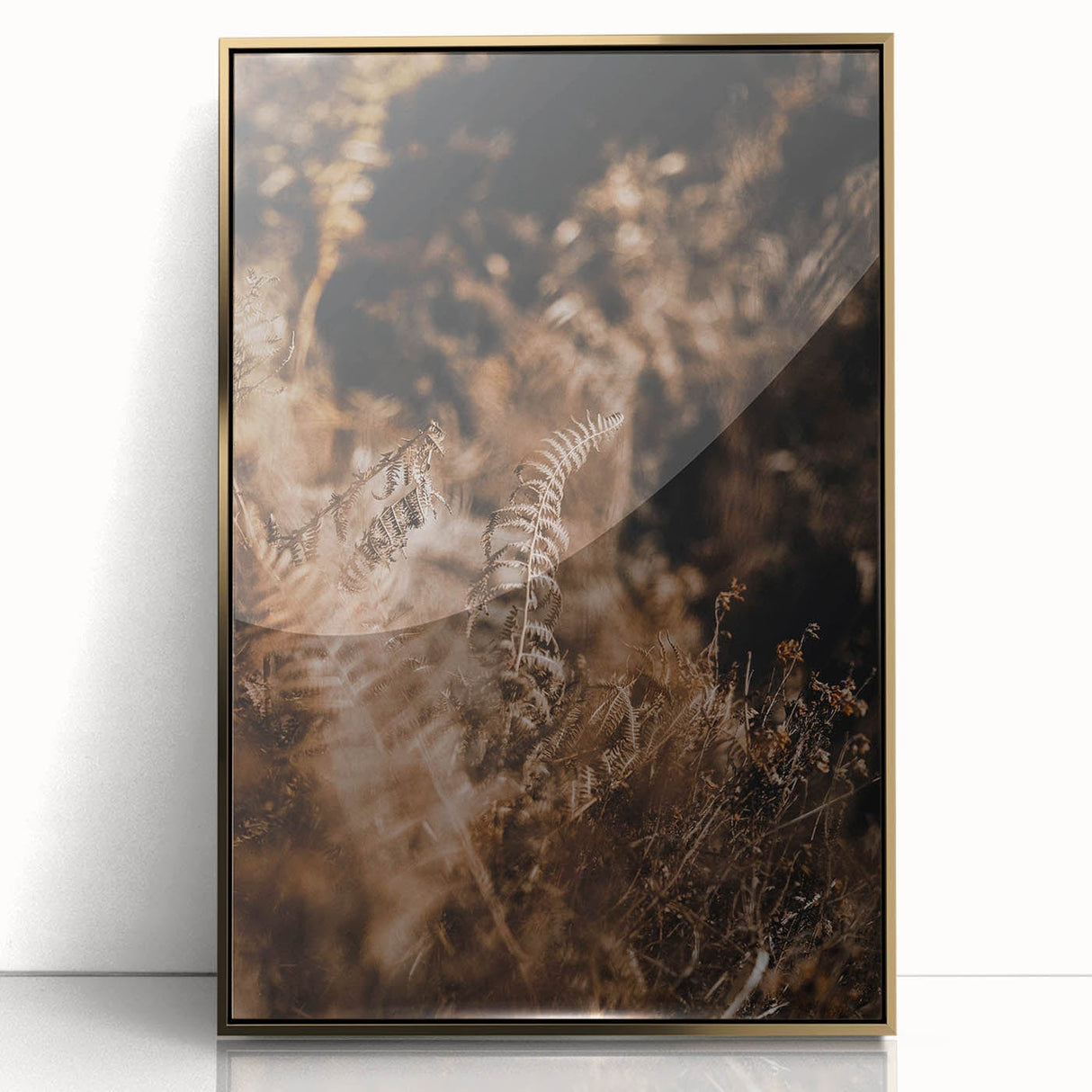 Mid-century modernist art featuring an abstract fall scene in gold and brown tones, acrylic print framed.