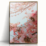 Large art print of a mid-century modernist spring scene in pastel shades, framed in gold acrylic, ideal for nursery wall art.