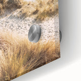 Large abstract wall art in vibrant orange and yellow tones on acrylic glass, suitable for dining room ambiance.