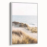 Vintage poster art of a summer scene on framed canvas, featuring colorful art in extra large size.