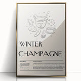 Large art print of a mid-century modernist winter scene in muted blue and white tones, framed in gold acrylic.