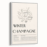 Vintage poster art of a winter scene on extra large framed canvas, featuring a monochrome palette with colorful accents.