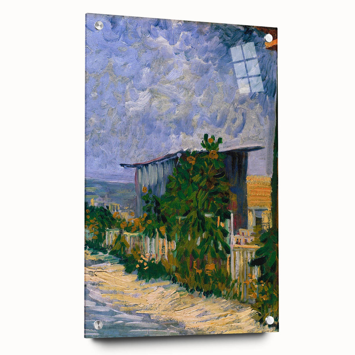 Vincent van Gogh-inspired large abstract painting on acrylic glass, showcasing swirling blue and yellow tones.