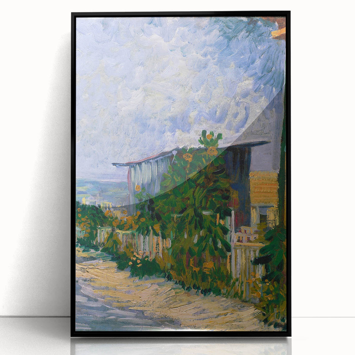 Large abstract wall art featuring swirling shades of blue and yellow on an acrylic print, framed in black.