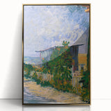 Art deco poster of Van Gogh's painting in gold frame, featuring vibrant blues and yellows.