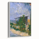 Vintage poster art of Van Gogh's painting on a framed canvas, featuring vibrant colors against a black background.