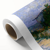 Art deco style poster of Van Gogh's Starry Night on rolled canvas, featuring swirling blues and yellows.