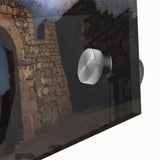 Close-up view of an acrylic glass landscape artwork depicting a castle surrounded by vibrant greenery, showcasing intricate details and vivid colors for a stunning visual effect.