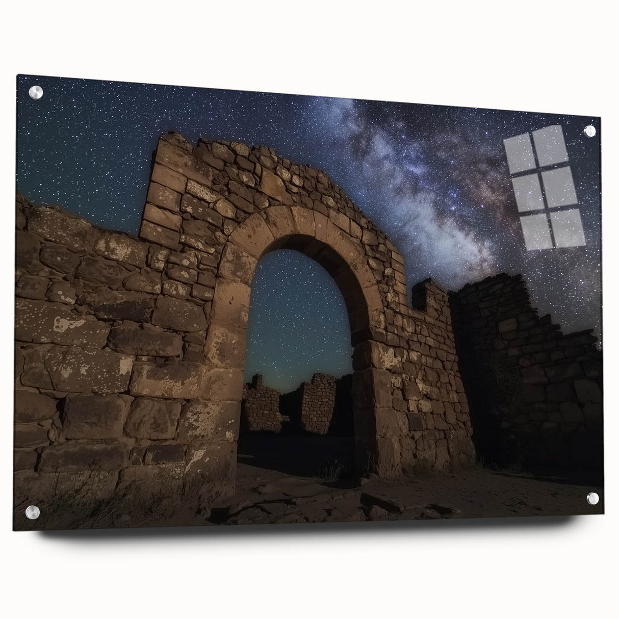 Vibrant acrylic glass artwork depicting a serene landscape with a castle, featuring a side view that highlights intricate details and vibrant colors, perfect for home decor.