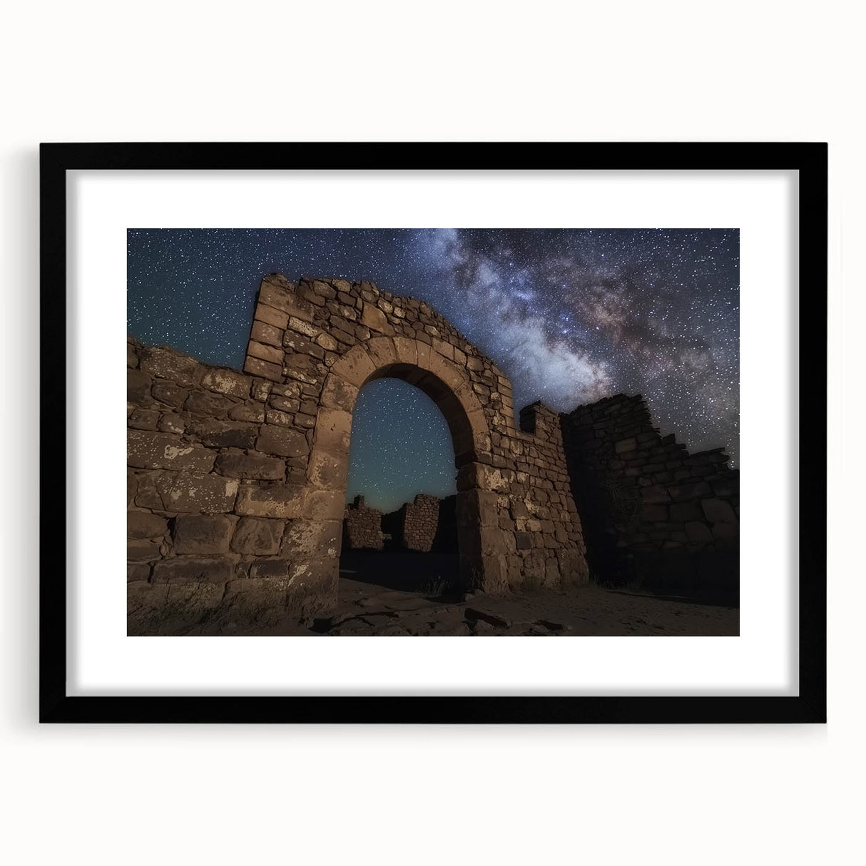 Framed landscape artwork showcasing a majestic castle surrounded by lush greenery, elegantly displayed with a black mat for a sophisticated look.