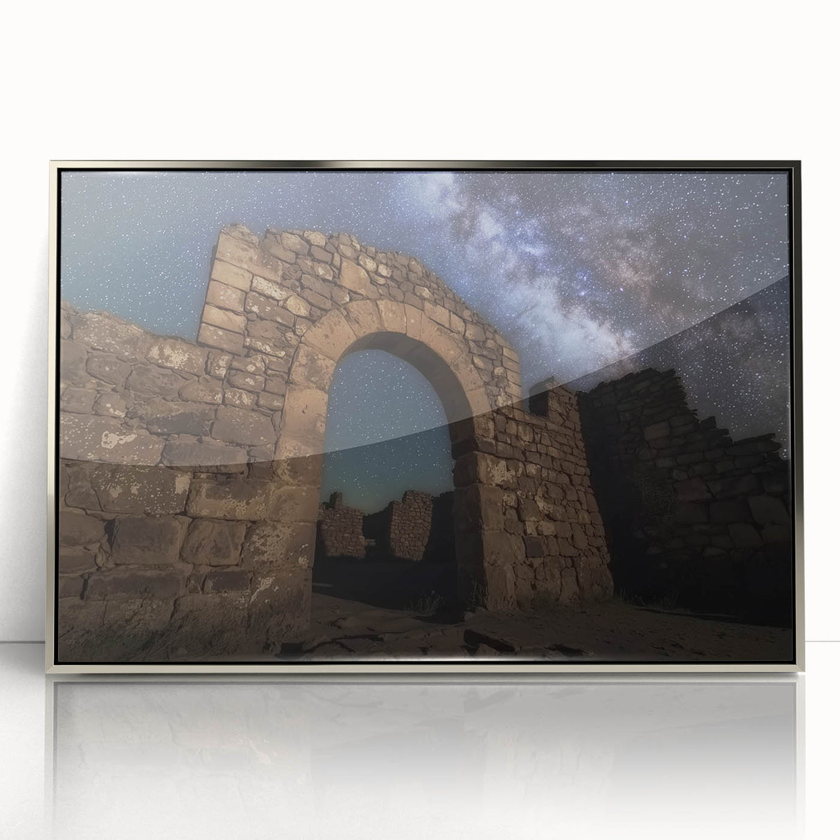 Framed acrylic artwork showcasing a stunning silver landscape with a castle, perfect for home décor. This elegant piece adds sophistication to any room.
