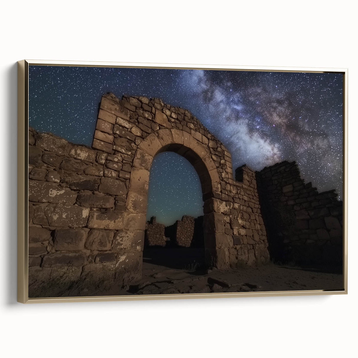 Framed canvas artwork depicting a scenic landscape with a castle, set against a vibrant sky. The piece features a gold frame that enhances its elegance, perfect for home decor.