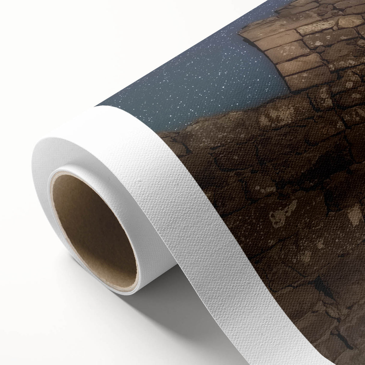 Rolled canvas artwork depicting a picturesque landscape with a majestic castle, showcasing vibrant colors and intricate details, packaged securely for delivery.