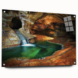 Acrylic landscape artwork showcasing a captivating cave scene, displayed in a sleek glass frame with pins, enhancing its modern aesthetic. Perfect for nature lovers and home decor enthusiasts.