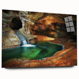 Acrylic glass artwork showcasing a stunning side view of intricate cave landscapes, highlighting vibrant colors and detailed textures, perfect for home decor.