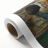 Stunning rolled canvas artwork depicting a serene landscape with caves and vibrant colors, showcasing intricate details and textures, ideal for home decor.
