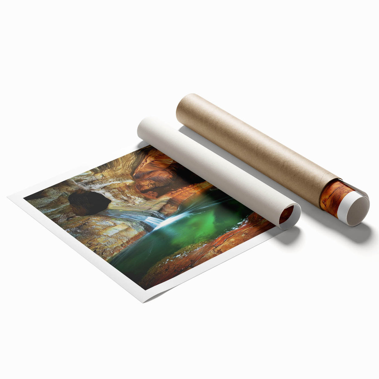 Stunning rolled print of a vibrant landscape featuring intricate cave formations, showcasing rich earth tones and textures, ideal for home decor enhancement.