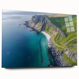 Stunning acrylic landscape artwork showcasing dramatic cliffs and a serene sky, presented in a sleek glass frame, ideal for modern home decor.