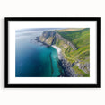 Framed landscape artwork showcasing dramatic cliffs in a black mat, ideal for home decor. The front view highlights the elegant design and craftsmanship.