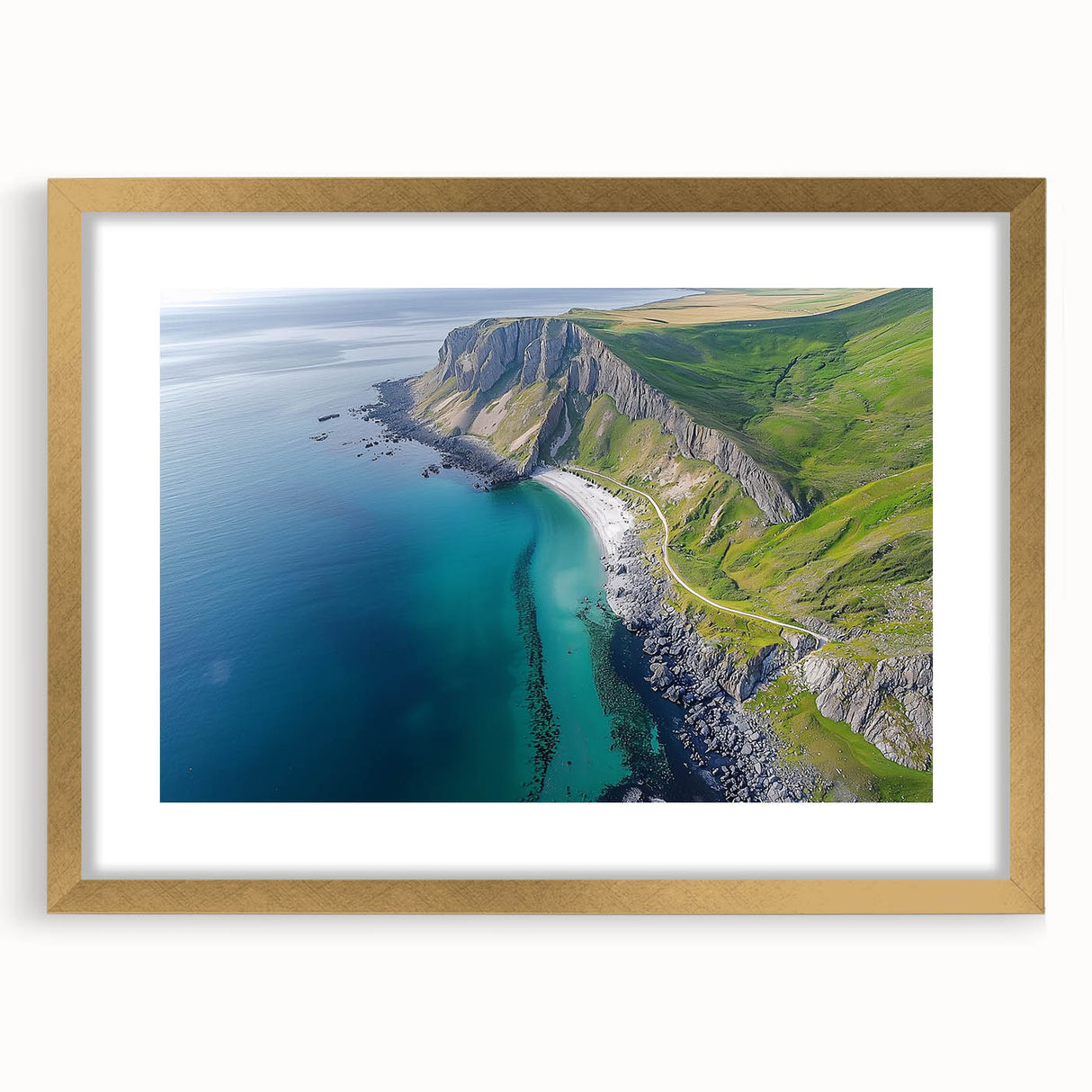 Elegant gold-framed landscape artwork featuring dramatic cliffs and serene skies, designed with a mat for added depth, perfect for enhancing home decor.