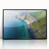 Framed acrylic artwork showcasing a stunning cliff landscape, featuring vibrant colors and intricate details, presented in a sleek black frame for modern decor.