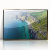 Framed acrylic art piece showcasing a breathtaking landscape of towering cliffs bathed in golden hues, perfect for enhancing any modern decor.