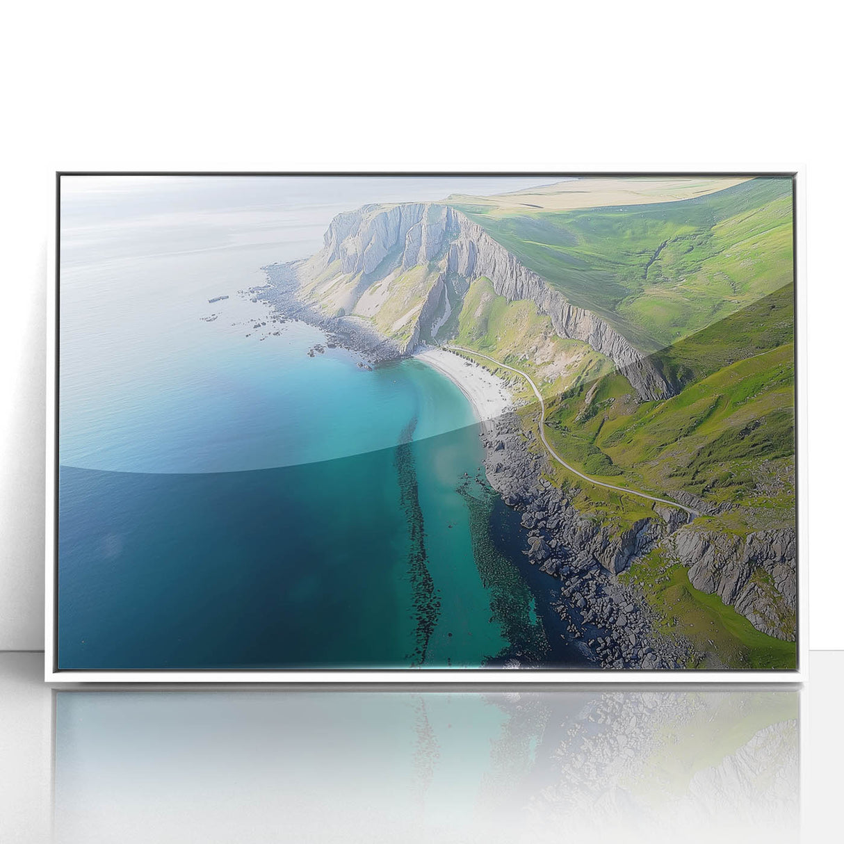 Framed acrylic landscape artwork depicting majestic cliffs against a serene sky, presented in a modern white frame, perfect for enhancing home decor.