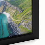 Close-up of a stunning framed canvas print depicting dramatic cliffs against a serene landscape, showcasing vibrant colors and intricate details that enhance any decor.