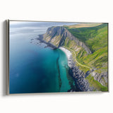 Framed canvas artwork depicting a stunning landscape of cliffs with vibrant colors, accented by a sleek silver frame, ideal for modern home decor.