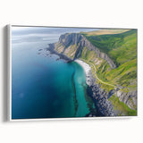 Framed canvas artwork depicting a vibrant landscape of cliffs, showcasing rich colors and intricate details, displayed against a white wall for a modern aesthetic. Ideal for home decor enthusiasts seeking nature-inspired art.